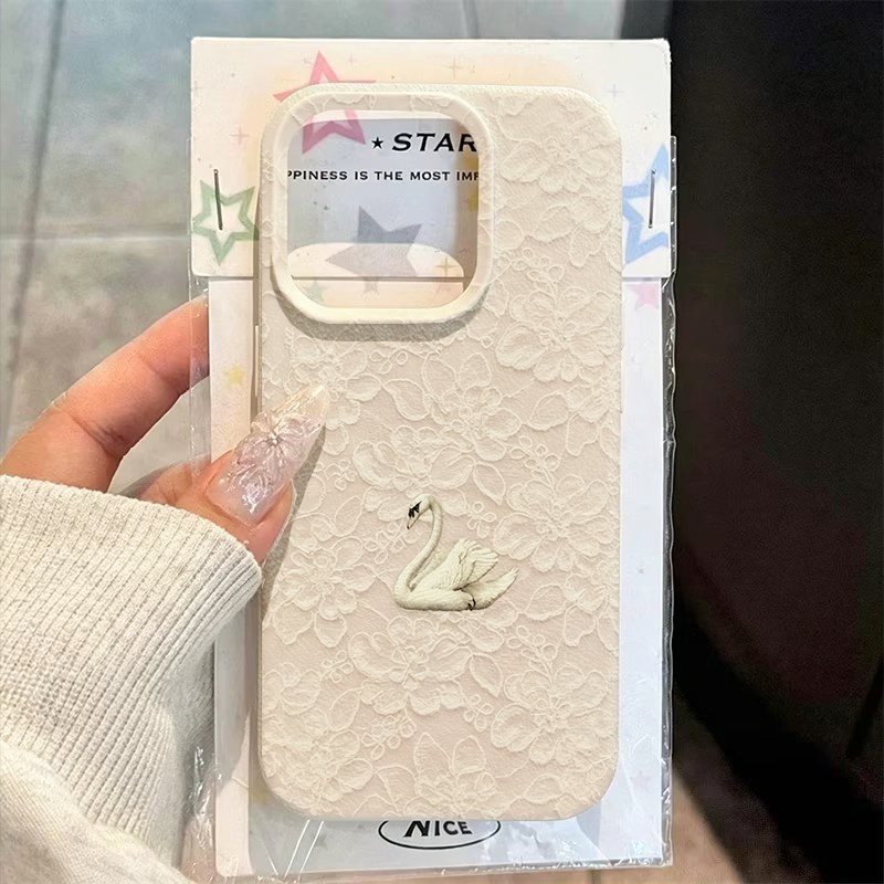 Apple Iphone 15 Pro Max - Telefoonhoesje met kant-zwaanpatroon en lychee-textuur voor